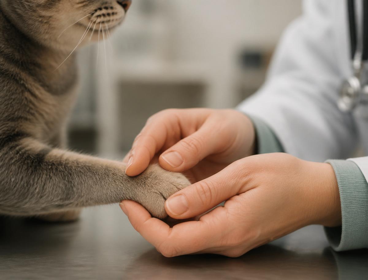 Mão de veterinária segurando pata de um gato