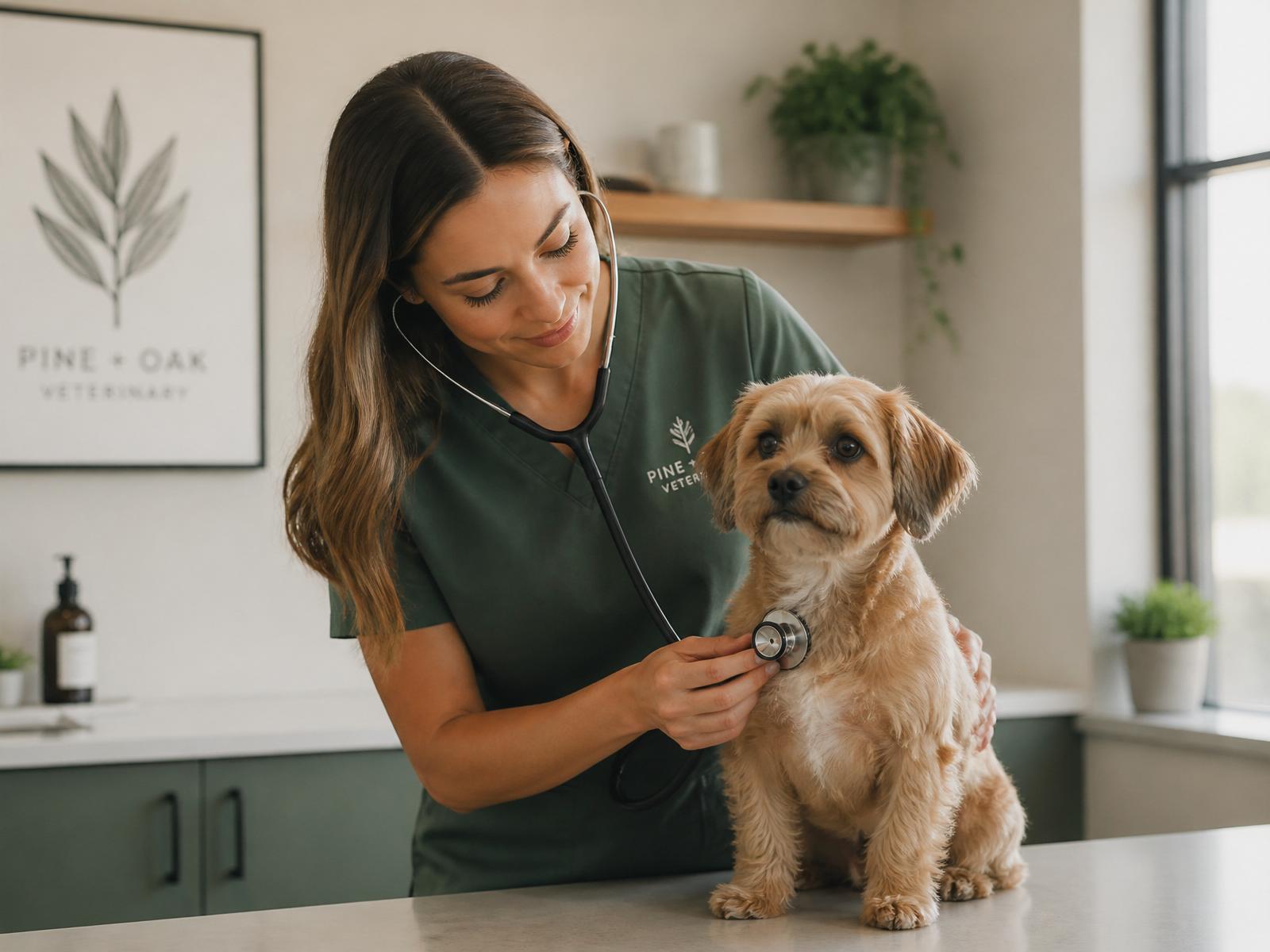 Médica veterinária examinando um cachorro em consultório moderno
