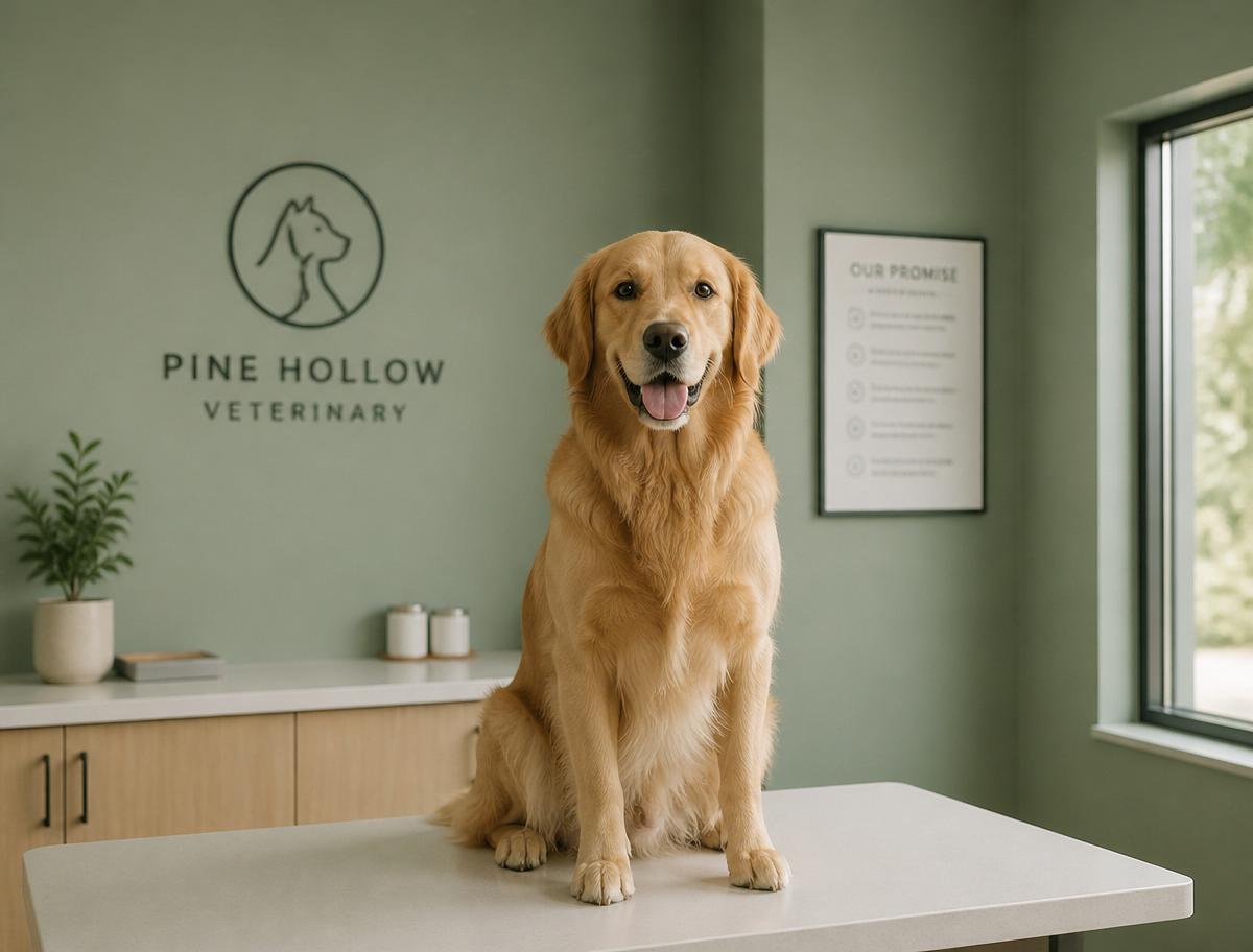 Cachorro golden retriever em consultório veterinário minimalista