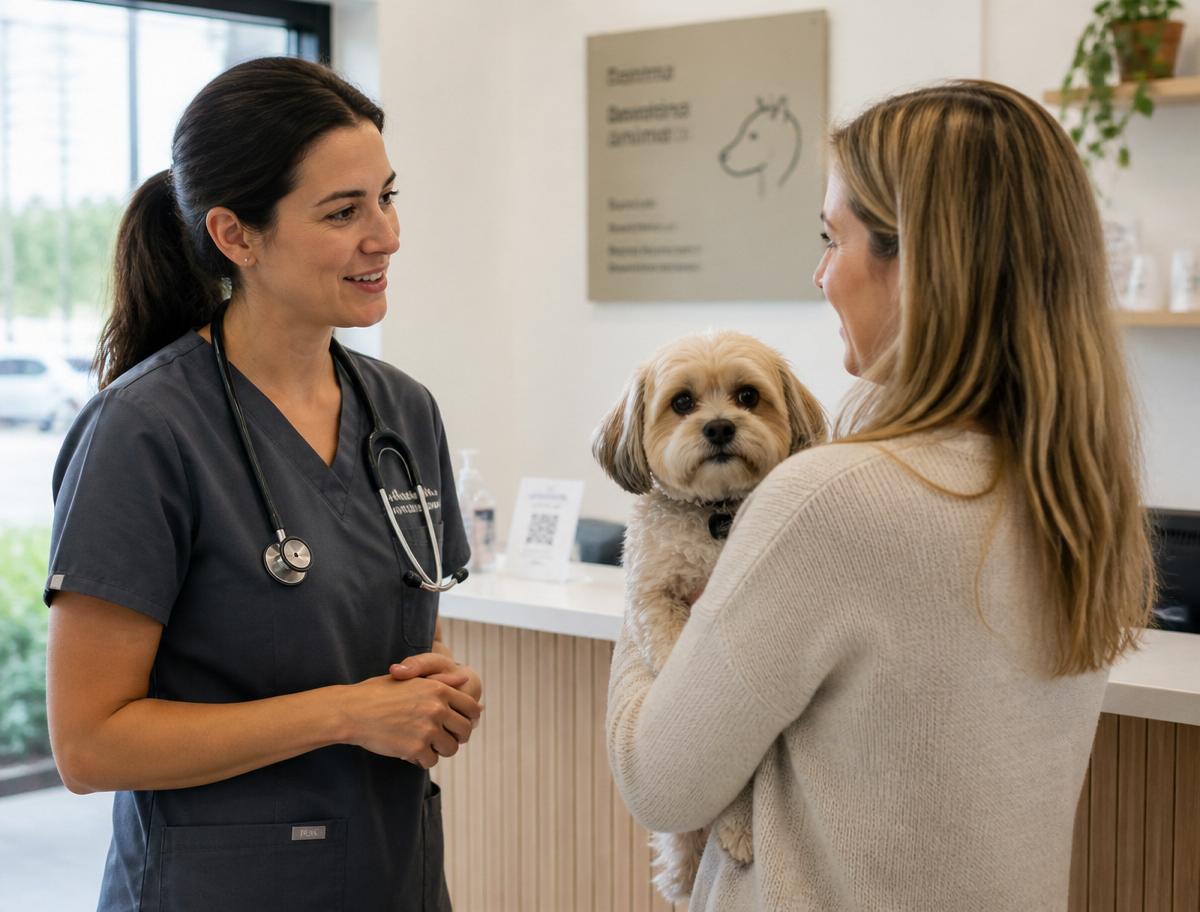 Veterinária conversando com tutora e seu cachorro na recepção